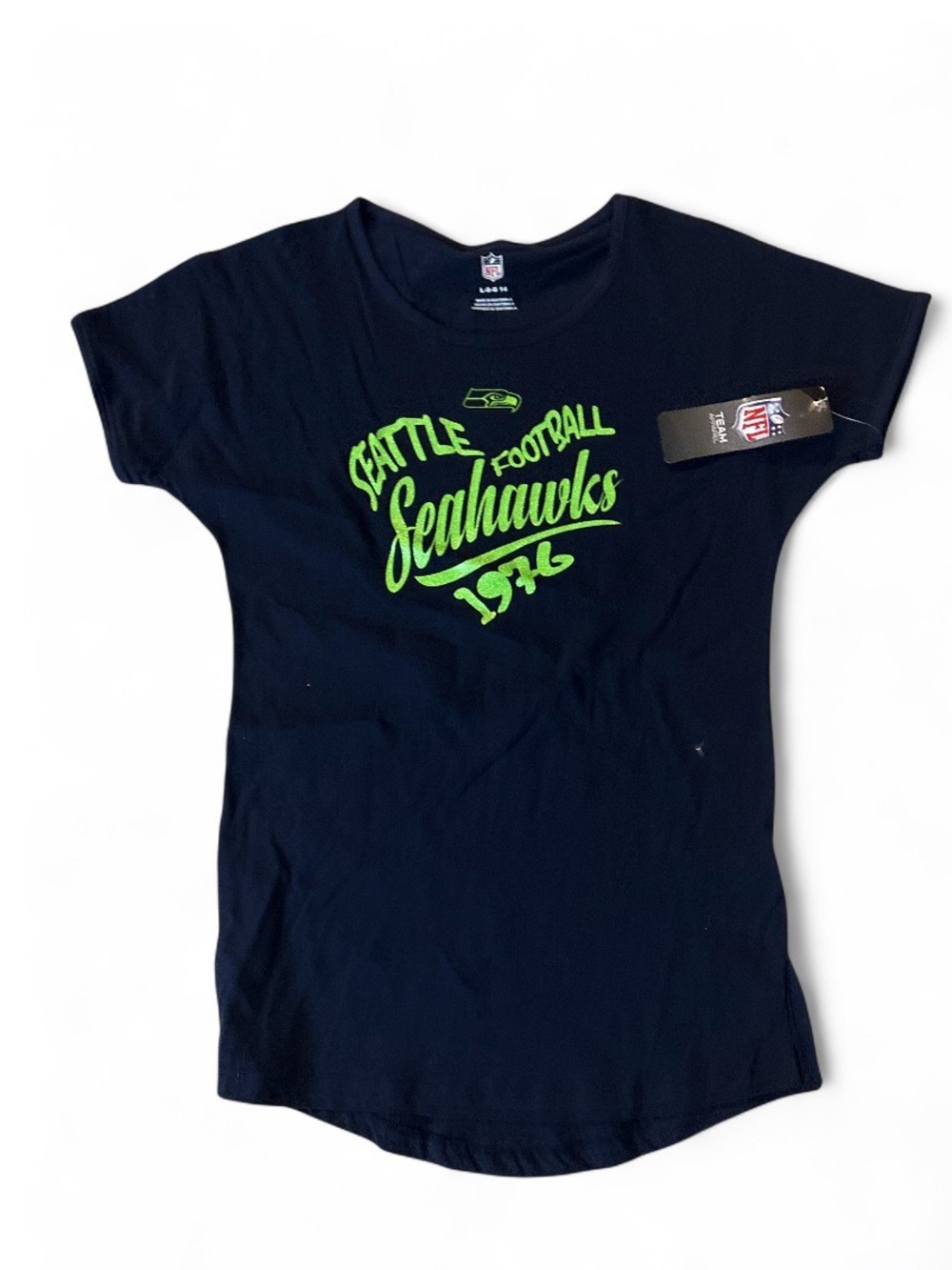 NFL Navy Short Sleeve Seattle Seahawks Graphic Tee with Neon Green Script